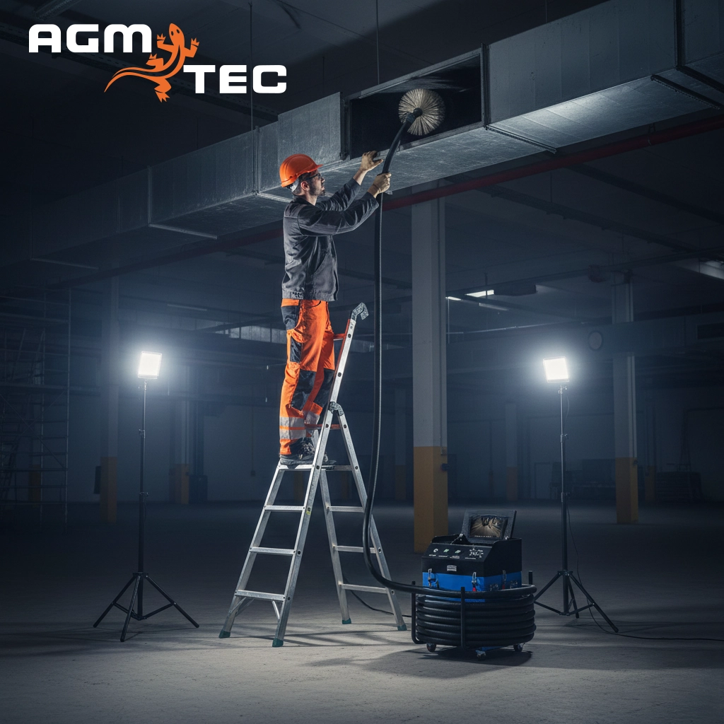 Technicien AGM TEC nettoyant un conduit de ventilation en hauteur avec une brosse rotative reliée à un kit d'aspiration mobile