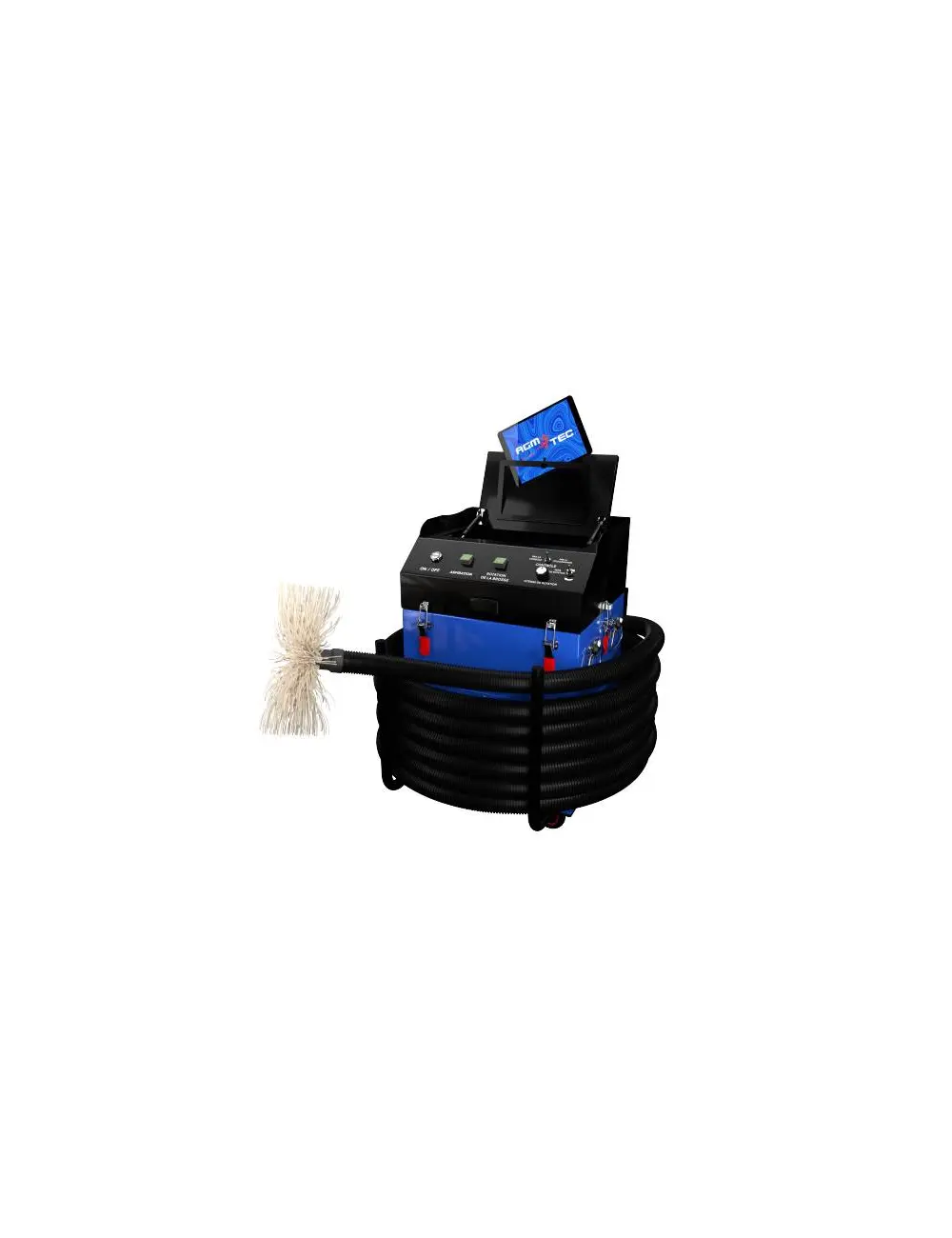 Unité Aspicam d'AGM TEC avec flexible armé enroulé, tête de brossage rotative et console d'écran pour le nettoyage de conduits de ventilation