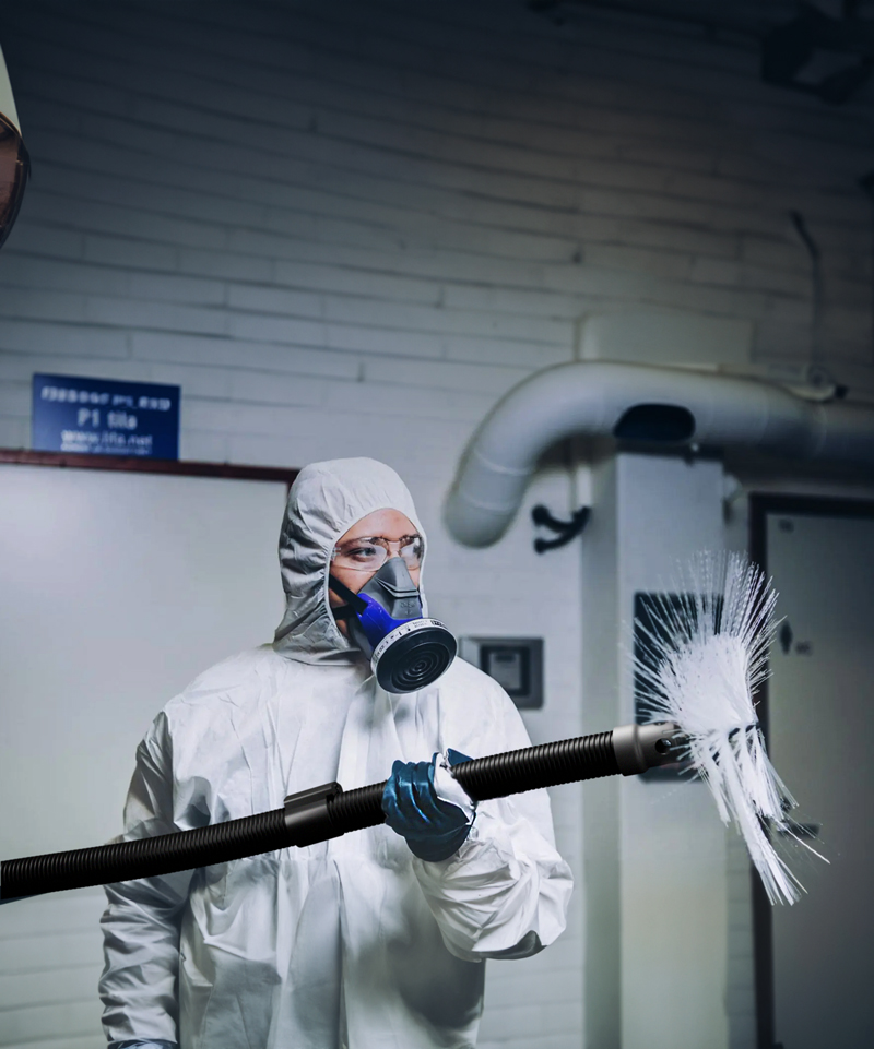 Technicien équipé introduisant une brosse rotative dans une gaine de ventilation